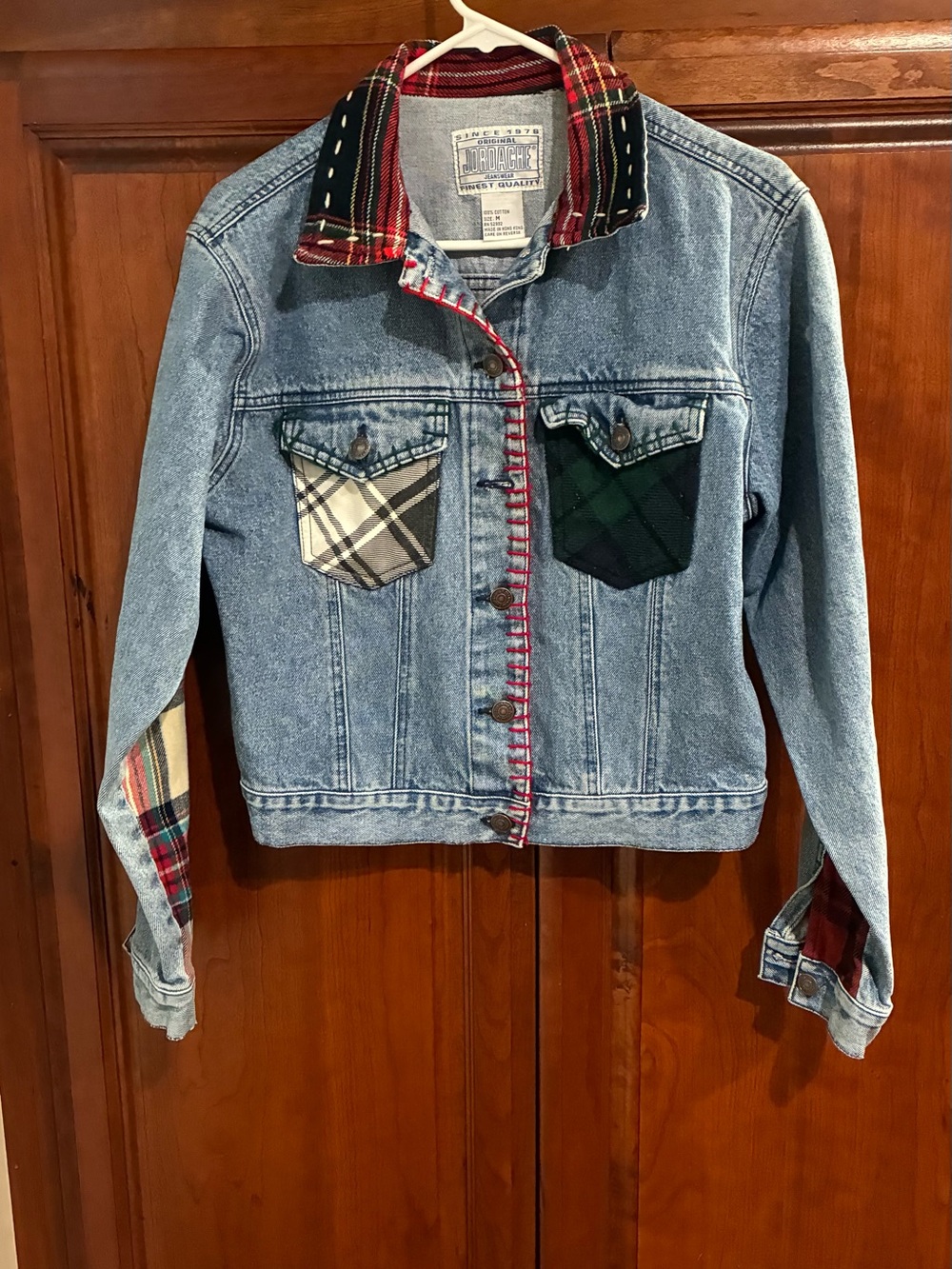 Vintage 90s Jordache Plaid Patchwork Cropped Denim Jacket - Size M